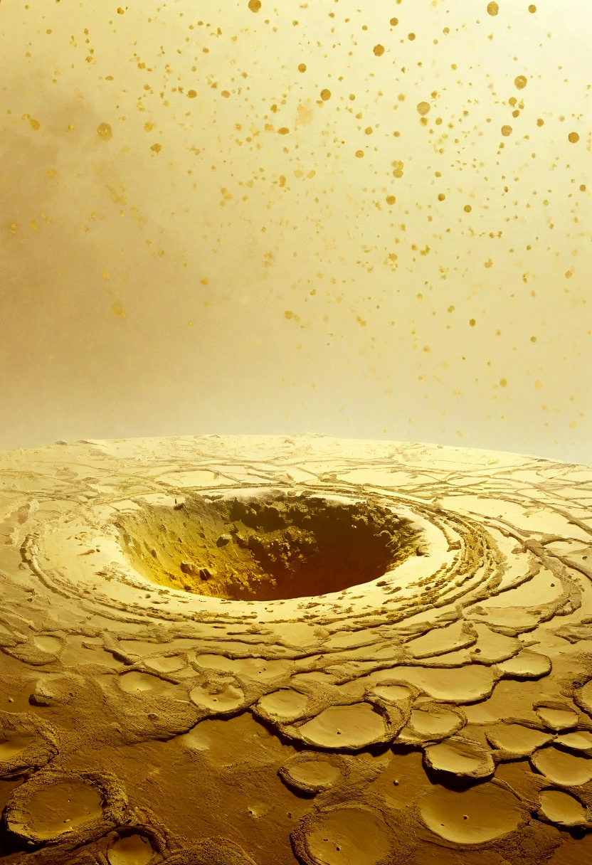 Empty lunar crater,Surrounded by many hazy golden particles floating in the air,Mysterious atmosphere,Hazy abstract future aesthetic minimalism, Simple drawing, dyeing