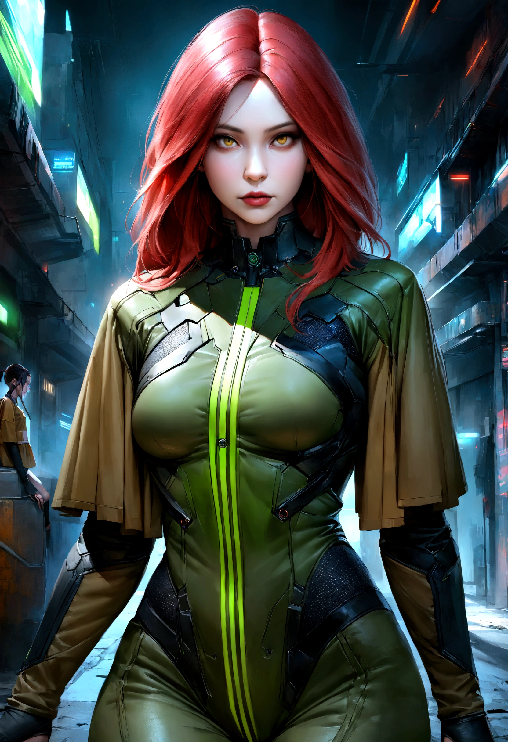 Animatrix style, ultra-realistic, cyberpunk, science fiction, character, feminine, ultra textured, perfect face. A beautiful red-haired mechanic has mutant powers, she is powerful and walks empowered in the middle of a mutant suburb. Her clothing has dark red, dark green and dark yellow colors.
