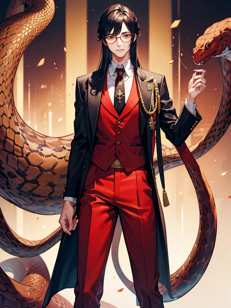 furry boy royal python, clothes tie, vest , red glasses and long pants, long snake tail and long hair,and without ears