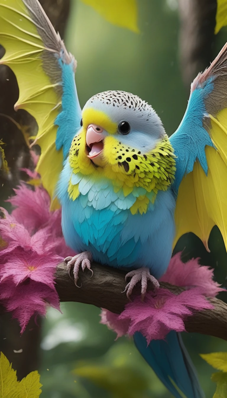 great image quality, masterpiece, best image quality, super detailed, ultra detailed, UHD, HDR, DOF, depth of field, fictional very cute chubby creature in a temperate broadleaf forest that is a cross between a bat and a budgie, with bat wings and budgie's colorful feathers, spinning around in the air The entire body