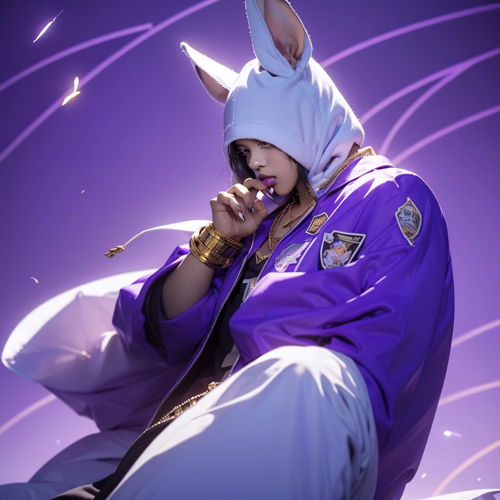 Masterpiece，White Rabbit wears hip-hop fashion clothes and smokes，Hip-hop gold necklace，，High-end，Cool，Purple background wall hand-painted letters graffiti，Extremely delicate

