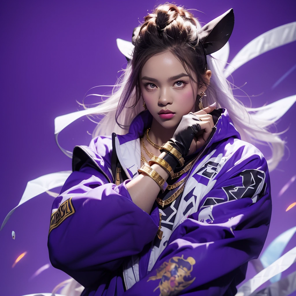 Masterpiece,White Rabbit wears hip-hop fashion clothes and smokes,Hip-hop gold necklace,,High-end,Cool,Purple background wall hand-painted letters graffiti,Extremely delicate