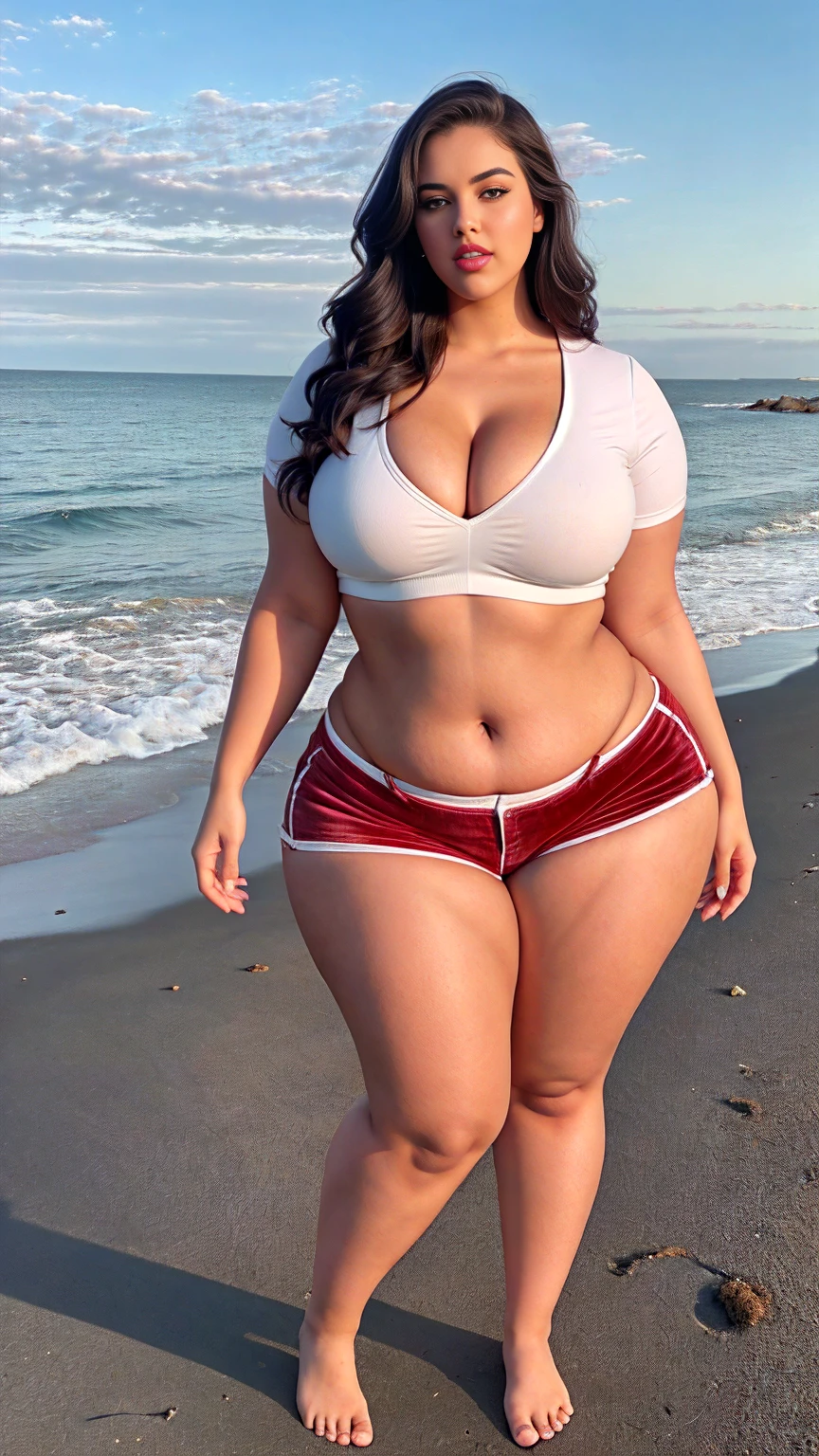 there is a Indian gorgeous American curvy plus size model Natalia Lozano in a red velvet shorts and white velvet cropped top and red lipstick standing in the roadside of a sea beach , angelawhite, alluring plus sized model, bbwchan, bbw, thicc, curvy model, full body, malika favre, a full body image of a plump woman, thick thighs, bigger hips, bigger waist, busty, beautiful thick female, close up full body shot, sexy girl, 30 years old, curvy, full body shot,