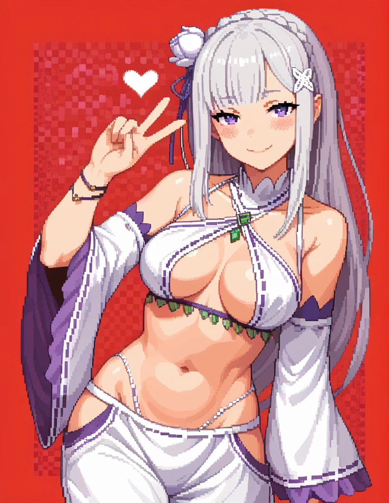 score_9, score_8_up, score_7_up, rating_safe, 1girl, solo, Pixel_Art,
Re:Zero, Emilia, purple eyes, white hair, long hair, sidelocks, big breasts, topless, revealing clothes, harem outfit, collarbone, halterneck, criss-cross halter, necklace, detached sleeves, bracelet, bare shoulders, navel, hip vent, harem pants, cowboy shot, v, hand up, looking at viewer, simple background, red background, heart background, blush, naughty face, smile, half-closed eyes, nude, ecchi