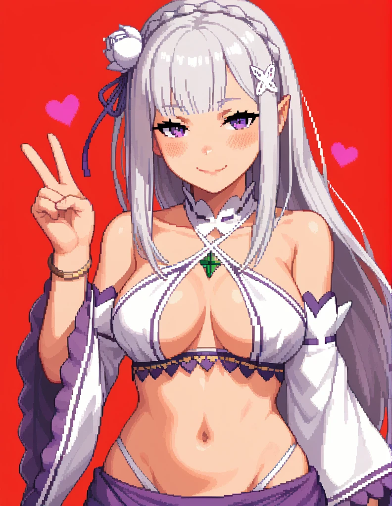 score_9, score_8_up, score_7_up, rating_safe, 1girl, solo, Pixel_Art,
Re:Zero, Emilia, purple eyes, white hair, long hair, sidelocks, big breasts, topless, revealing clothes, harem outfit, collarbone, halterneck, criss-cross halter, necklace, detached sleeves, bracelet, bare shoulders, navel, hip vent, harem pants, cowboy shot, v, hand up, looking at viewer, simple background, red background, heart background, blush, naughty face, smile, half-closed eyes, nude, ecchi