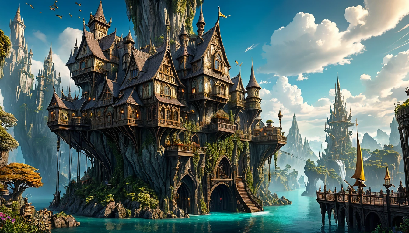 a fantastical steampunk world, intricate elvish architecture, whimsical furry creatures, dramatic magic and futuristic firearms, breathtaking floating islands, mysterious dungeons, majestic dragons, thrilling adventures, best quality, 8k, highres, masterpiece, ultra-detailed, realistic, photorealistic, HDR, vivid colors, cinematic lighting