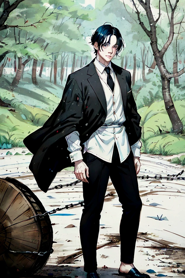 mature man, with black hair and blue eyes, the skin is white and pale like snow, He is only wearing baggy black pants. His body is chained to a large, dead tree, looks like an oak. The chains are wrapped around his body and that of the tree..