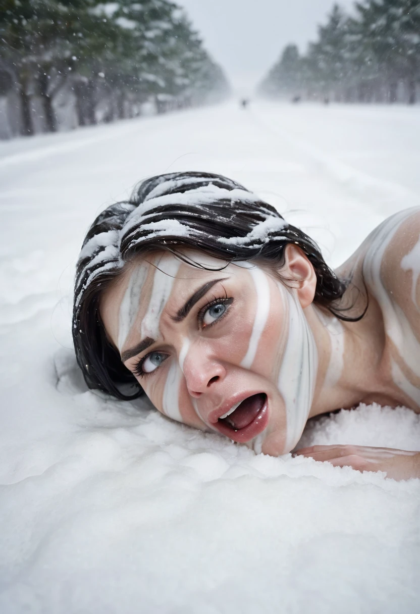 (beautiful screaming nude woman), (eyes open), (terrified expression), (((frightened expression))), (((startled expression))), (((crying))), (((shouting))), (marble face), (face made of marble), (face turning into marble), (head made of marble), (ASFR), (turning into marble), (becoming marble), (lying in the snow in a blizzard),  ((((half made of marble, half made of flesh)))), side profile
