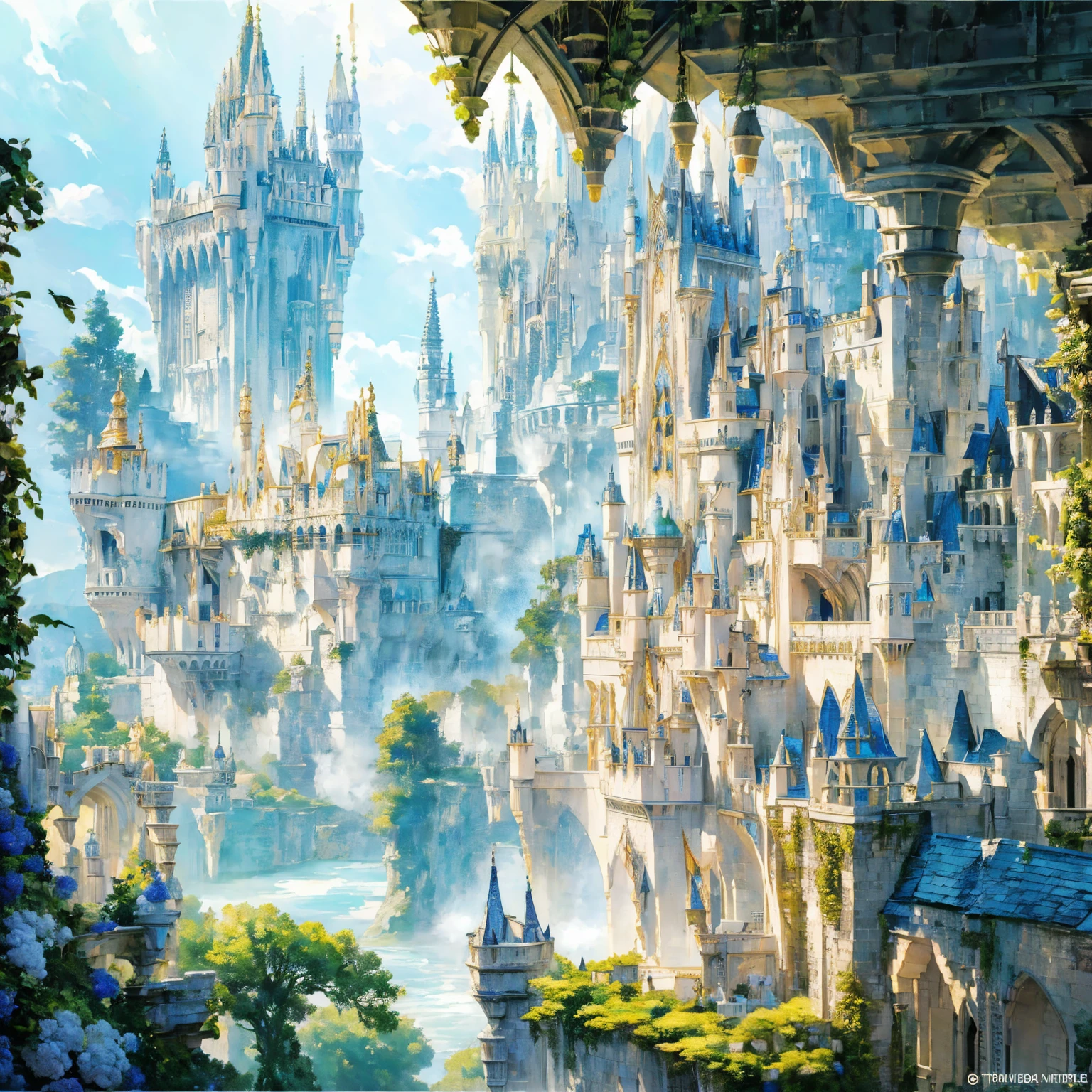 "A breathtaking, colossal white castle set in a vibrant, lush fantasy world named Avalon. The Grand Castle of Avalon is a divine creation, featuring a central tower that rises to one kilometer in height, surrounded by at least twelve major towers with blue pointed roofs and gold details. The castle's walls, standing at 60 meters tall, are pristine white with delicate gold embellishments. The structure is a mix of gothic and fairy-tale architecture, with intricate carvings and ethereal patterns. The roofs of the towers and main buildings are steep and blue, with gold accents shimmering in the sunlight. The castle is encircled by an expansive courtyard filled with exotic plants, colorful flowers, a large hedge maze, and whimsical fairies tending to the greenery. Majestic statues and water features add to the enchanting atmosphere. The entire scene is vibrant and full of life, with a sense of divine beauty and magic."