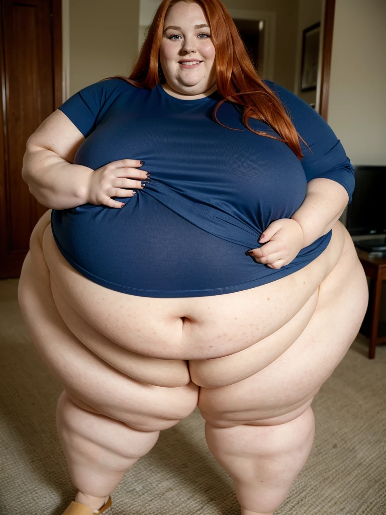 A happy photo of a young beautiful redhead ssbbw with wide hips, with long ginger hair soft fat belly, wide fat obese hips, very obese legs, thick fat wide legs and fat arms, huge wide butt, cute pretty face, big fat breasts, blue eyes, freckles, wearing a blue shirt and long blue pants