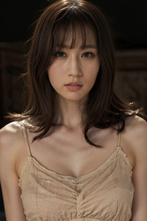 masterpiece, best quality, (Dark Photo:1.3), Reality, 1 girl in a lace camisole, Straight bangs, Amazing innocent symmetrical face, emotion, Ulzan, (Pure face_v1:0.7)