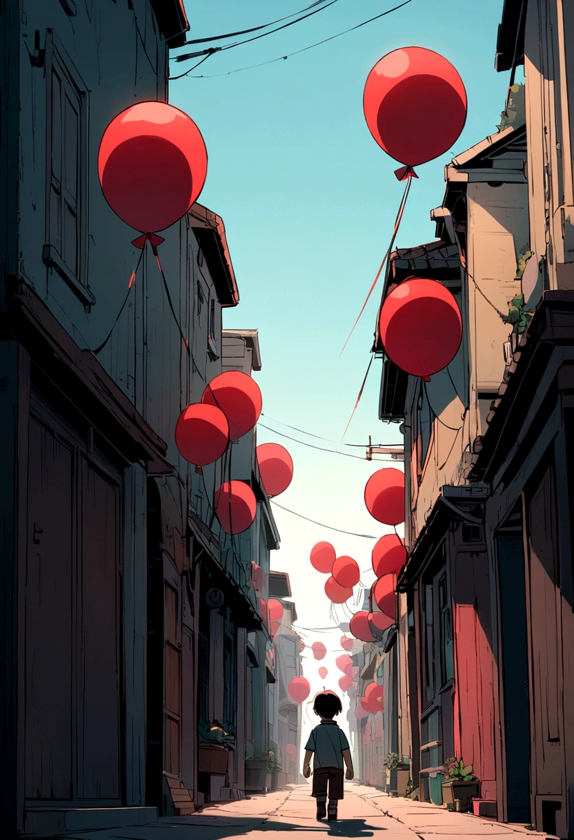 A 5-year-old boy walks down a dark, deserted street in search of a red balloon that is loose in the air