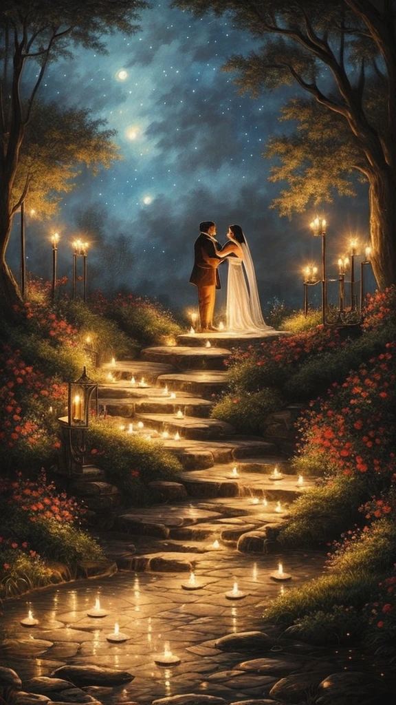 I would like the painting to depict a pair of lovers in an intimate, magical setting. Please use elements such as the starry sky, flames of kisses illuminating the darkness, a maze symbolizing desires and warm breath creating a soft, atmospheric atmosphere in the twilight.