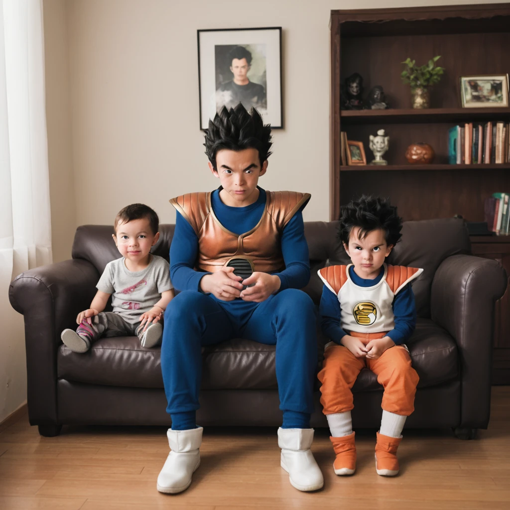 punctuation_9, punctuation_8_High above, punctuation_7_High above, punctuation_6_High above, 1 young boy, dbztarble, Bblack hair, saiyan armor, Tailpussy, livingroom, sitting not sofa,