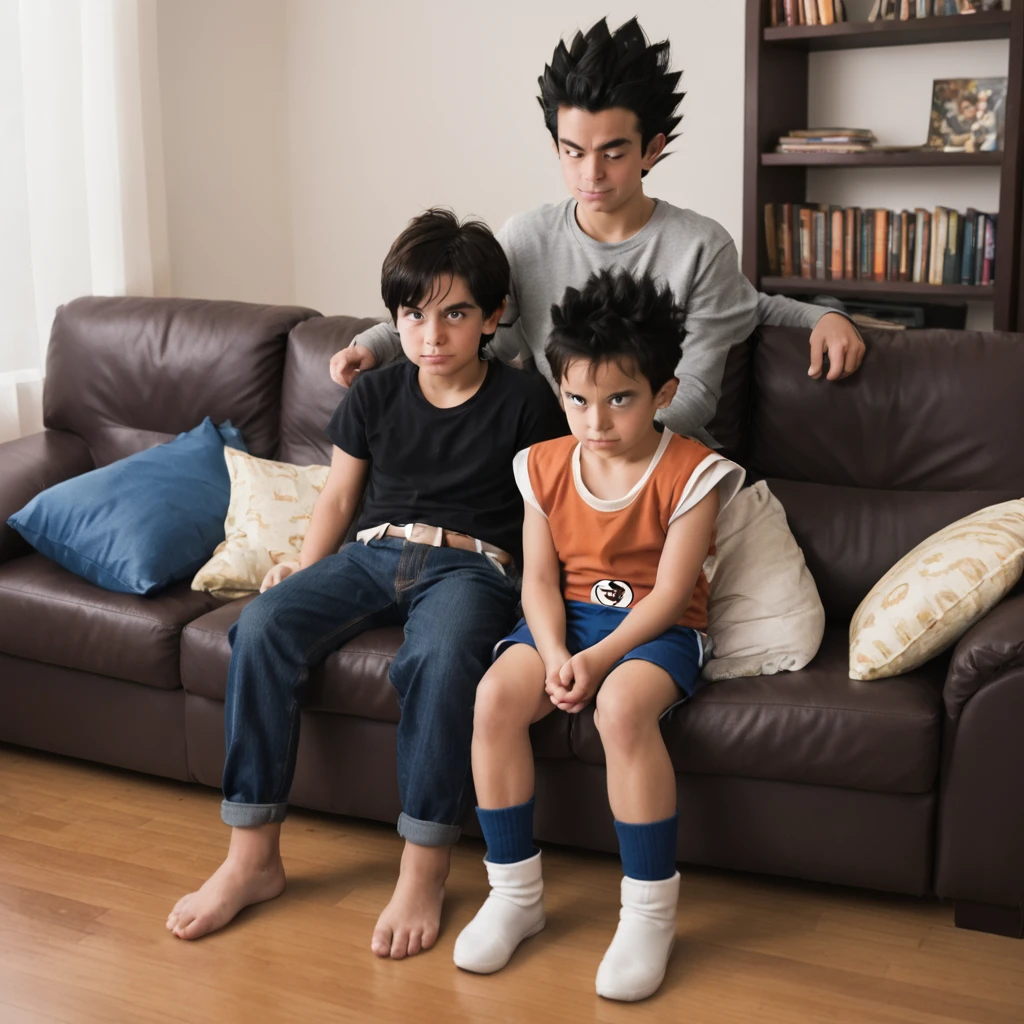 punctuation_9, punctuation_8_High above, punctuation_7_High above, punctuation_6_High above, 1 young boy, dbztarble, Bblack hair, saiyan armor, Tailpussy, livingroom, sitting not sofa,