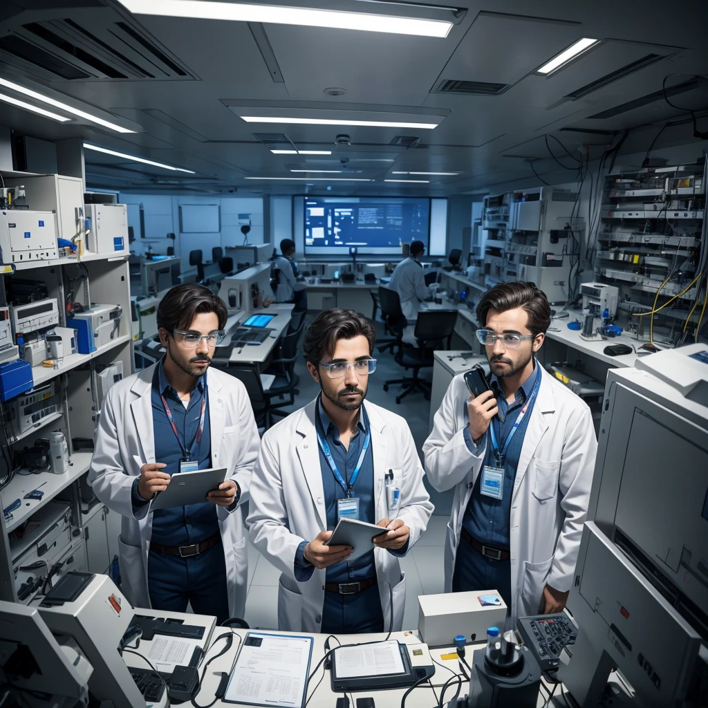 Many male scientists in lab talking to each other and anxious because they are going to start the coutdown for spaceship