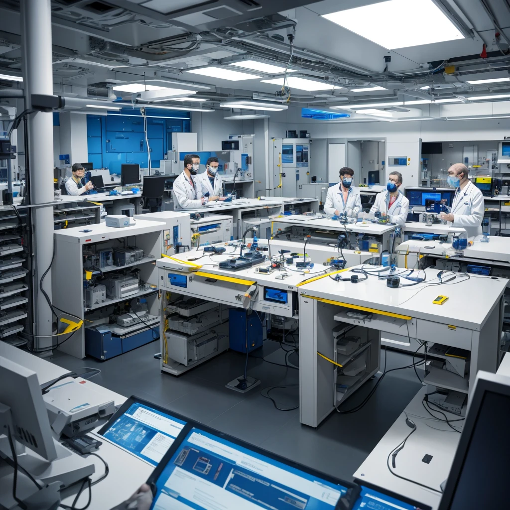 Many male scientists in lab talking to each other and anxious because they are going to start the coutdown for spaceship