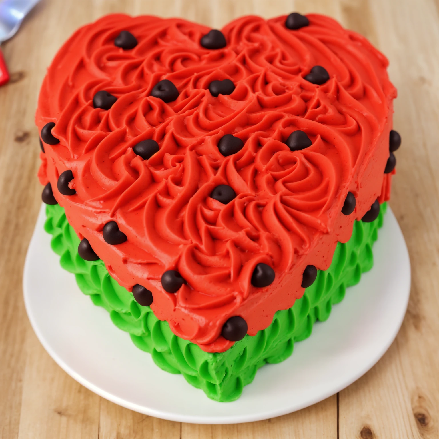 on a wooden table, there is a heart-shaped cake on a white plate,. red and green cream cake. Multiple light sources, bright lighting, Realistic style , realistic texture, detailed texture, A high resolution, high quality, macro photo, ultra hd 4k quality.