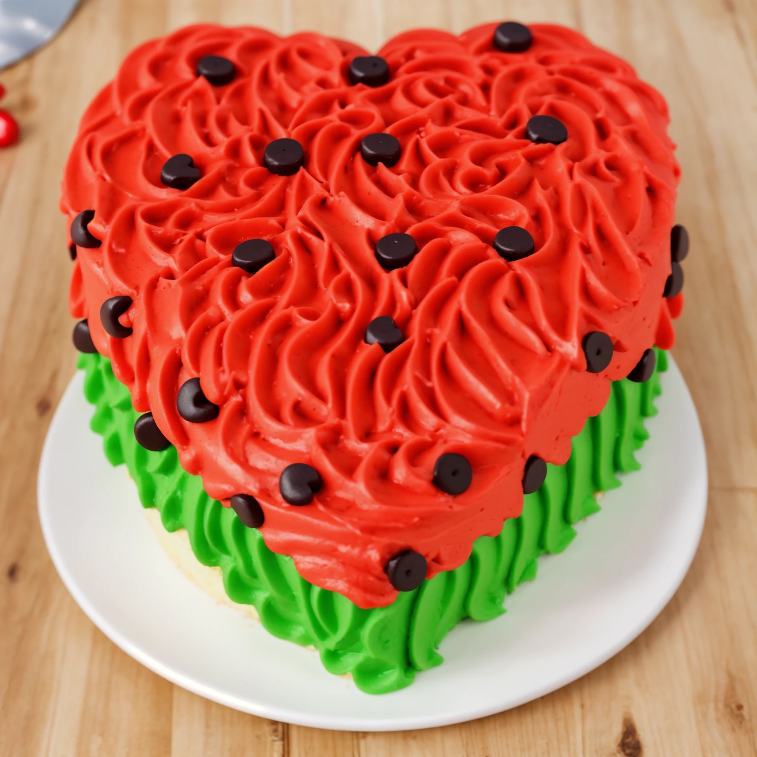 on a wooden table, there is a heart-shaped cake on a white plate,. red and green cream cake. Multiple light sources, bright lighting, Realistic style , realistic texture, detailed texture, A high resolution, high quality, macro photo, ultra hd 4k quality.