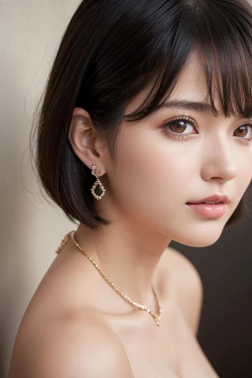Highest quality, Ultra-high resolution, (Realistic:1.4), One girl, OL,suit, jewelry(Earrings),Fine and beautiful eyes,short hair(Black Hair:1), (Huge breasts:1.2), View your viewers, close ,