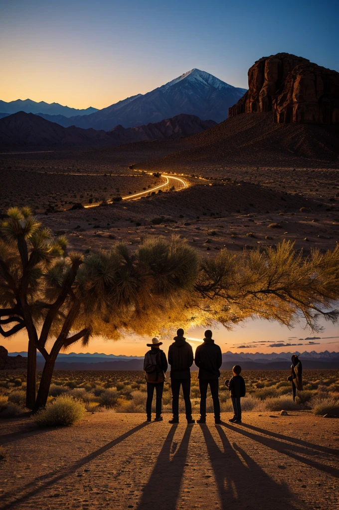 Three people standing with a map at night in the desert with mountains background