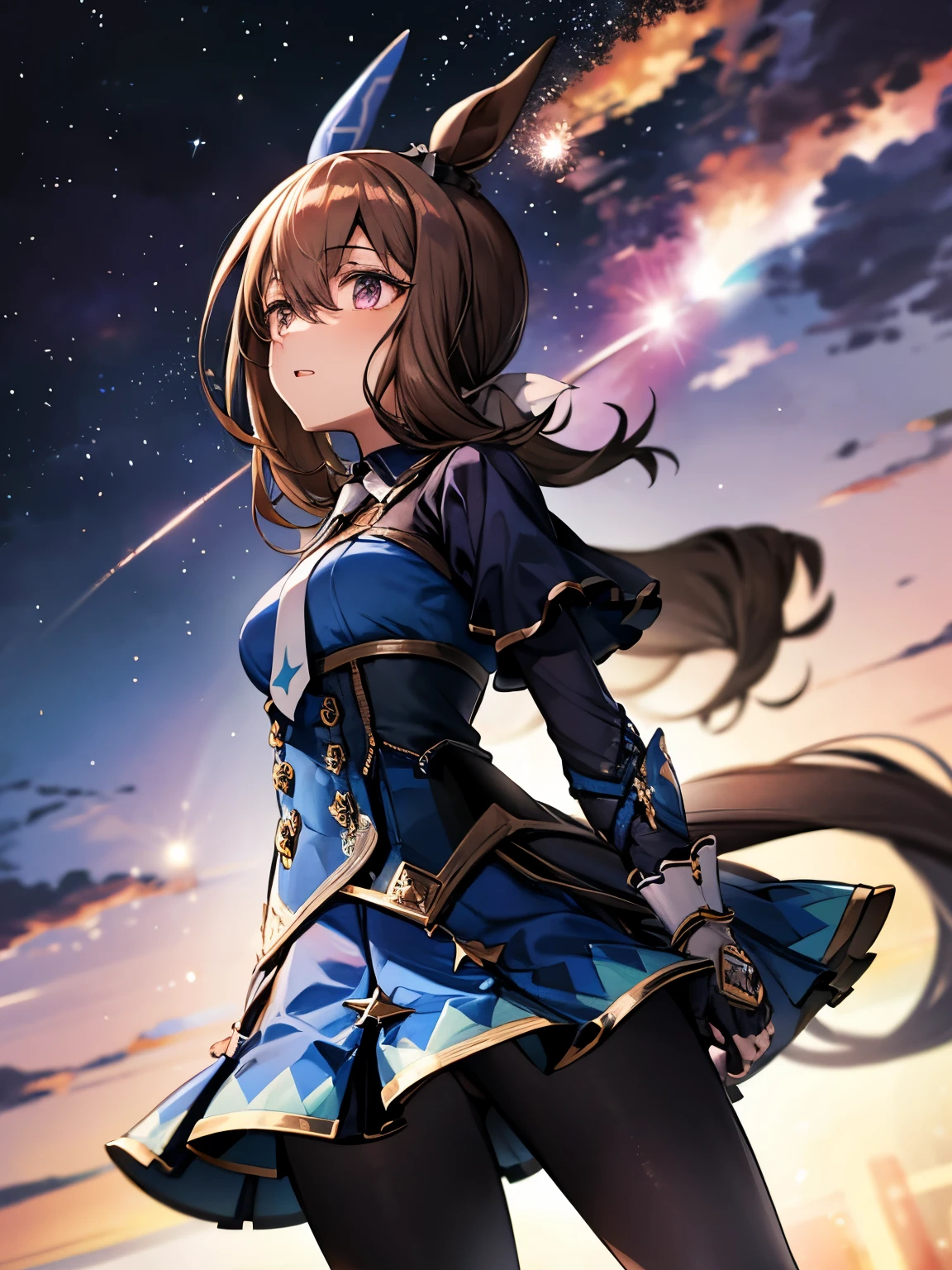 admire vega \(umamusume\) 1 girl, Solo, Best Quality, masutepiece, 8K, High resolution, looking up, stary sky, shobufuku, purple eyes, bangs, hair between eyes, ponytail,brown hair, long hair, horse ears, horse girl, horse tail, ear covers, black sleeves, gem, jewelry,
blue skirt, single fingerless glove, black pantyhose, necktie, thigh strap,
