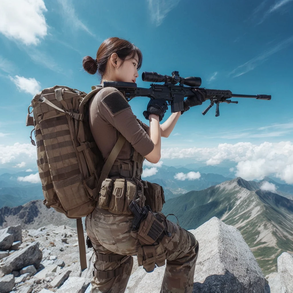 beautiful Korean woman, wearing a thick tactical uniform shirt and long tactical trousers, short hairstyle, smooth white skin. by holding an ak 74, vest, backpack bag. Collation on a high mountain peak,Barren fields. clear blue sky with few white clouds. fisheye lens shot, ultra-wide lens shot, verry realistic, detailed, sharp, detailed texture,high quality photos