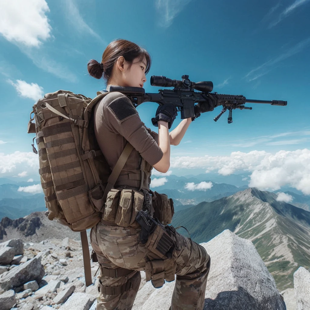 beautiful Korean woman, wearing a thick tactical uniform shirt and long tactical trousers, short hairstyle, smooth white skin. by holding an ak 74, vest, backpack bag. Collation on a high mountain peak,Barren fields. clear blue sky with few white clouds. fisheye lens shot, ultra-wide lens shot, verry realistic, detailed, sharp, detailed texture,high quality photos 