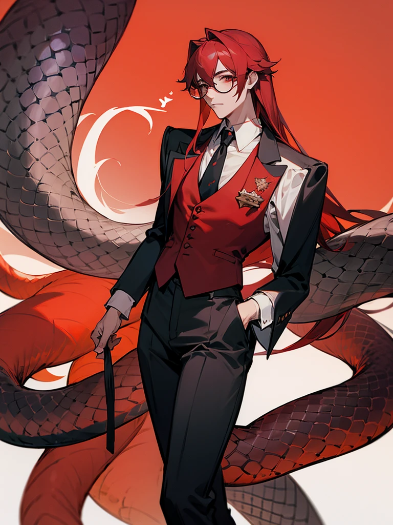 furry boy  royal python, clothes tie, vest , red glasses and long pants, long snake tail and long hair,and without ears