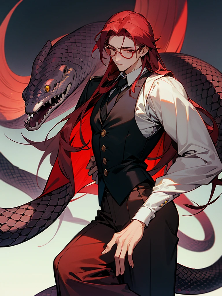 furry boy royal python, clothes tie, vest , red glasses and long pants, long snake tail and long hair,and without ears