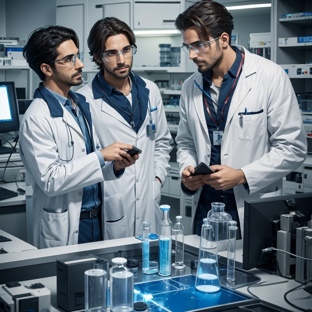 Two male scientists in lab talking to each other and anxious because they are going to start the coutdown for spaceship
