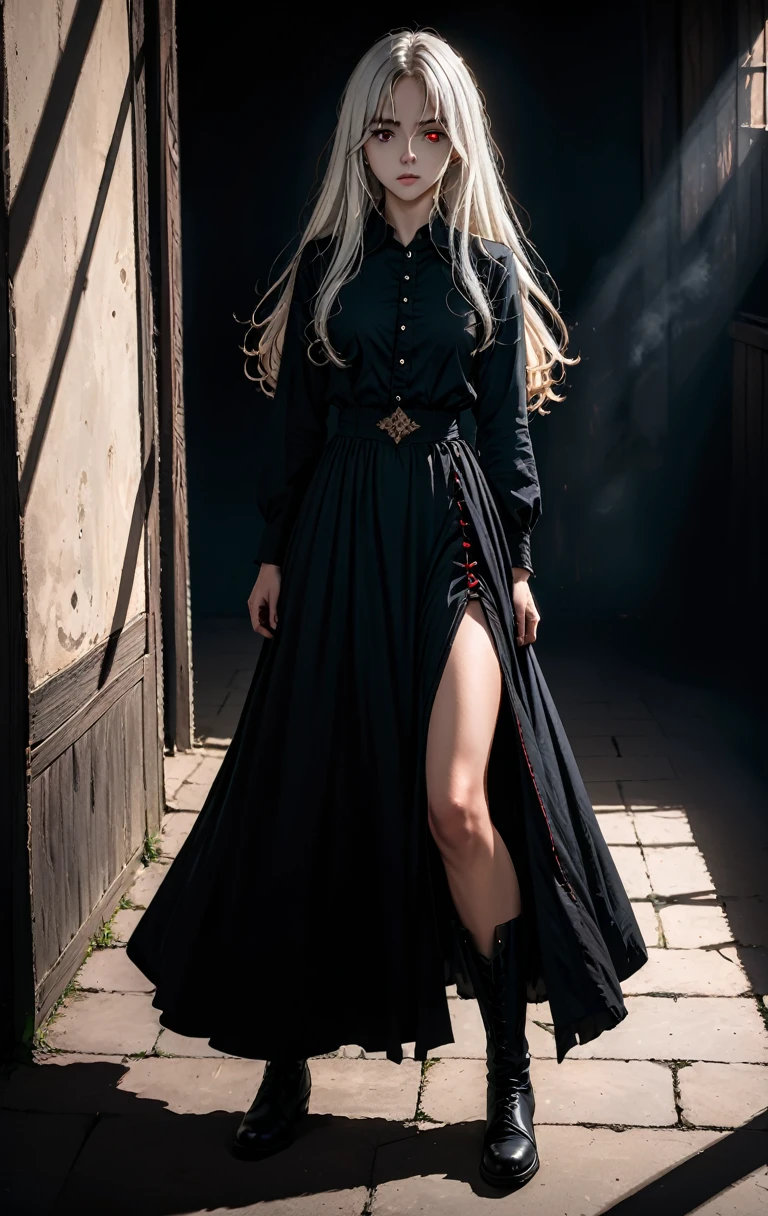 Girl, 20 years old, with long white hair down to below her waist, a serious yet tender expression, and red eyes. Her hair features black streaks. She wears antique-style clothing, a long black dress with a slit on the legs, and high black boots that almost reach her knees. Her power and background are related to shadows and darkness. dark escense, figth stance