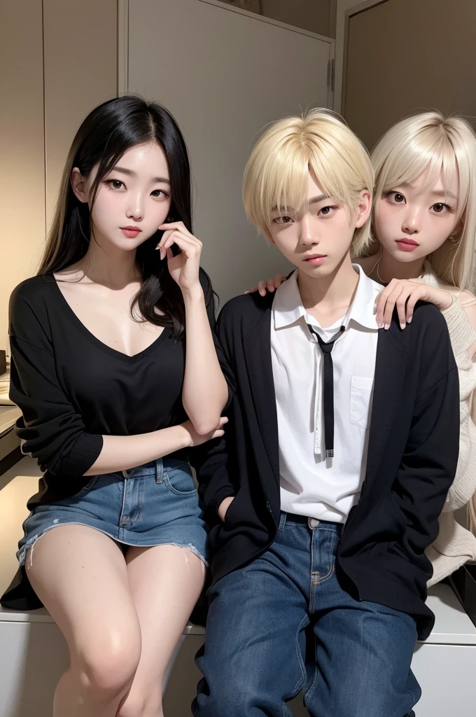 Two Korean boys with dark hair and a blonde girl