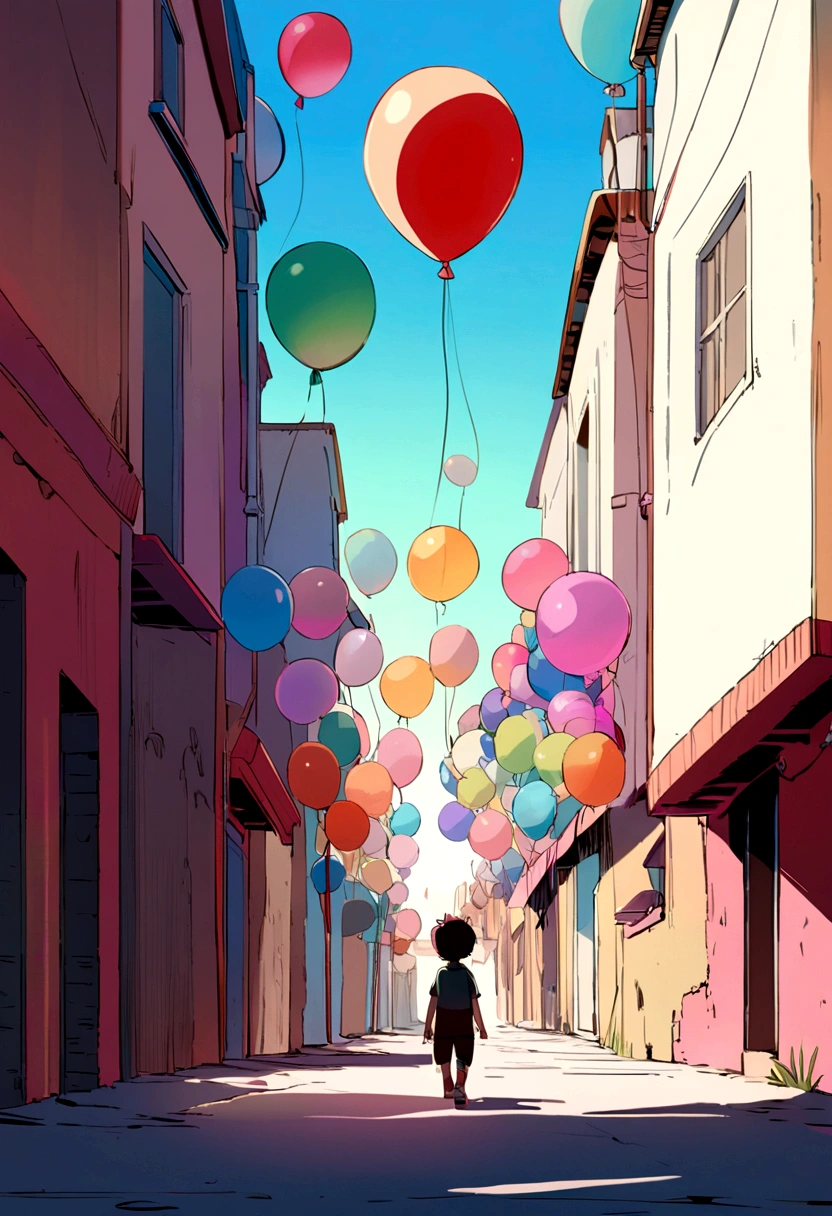 A 5-year-old boy walking down a dark, deserted street in search of a red balloon that is loose in the air and high up. Just a balloon, a single balloon