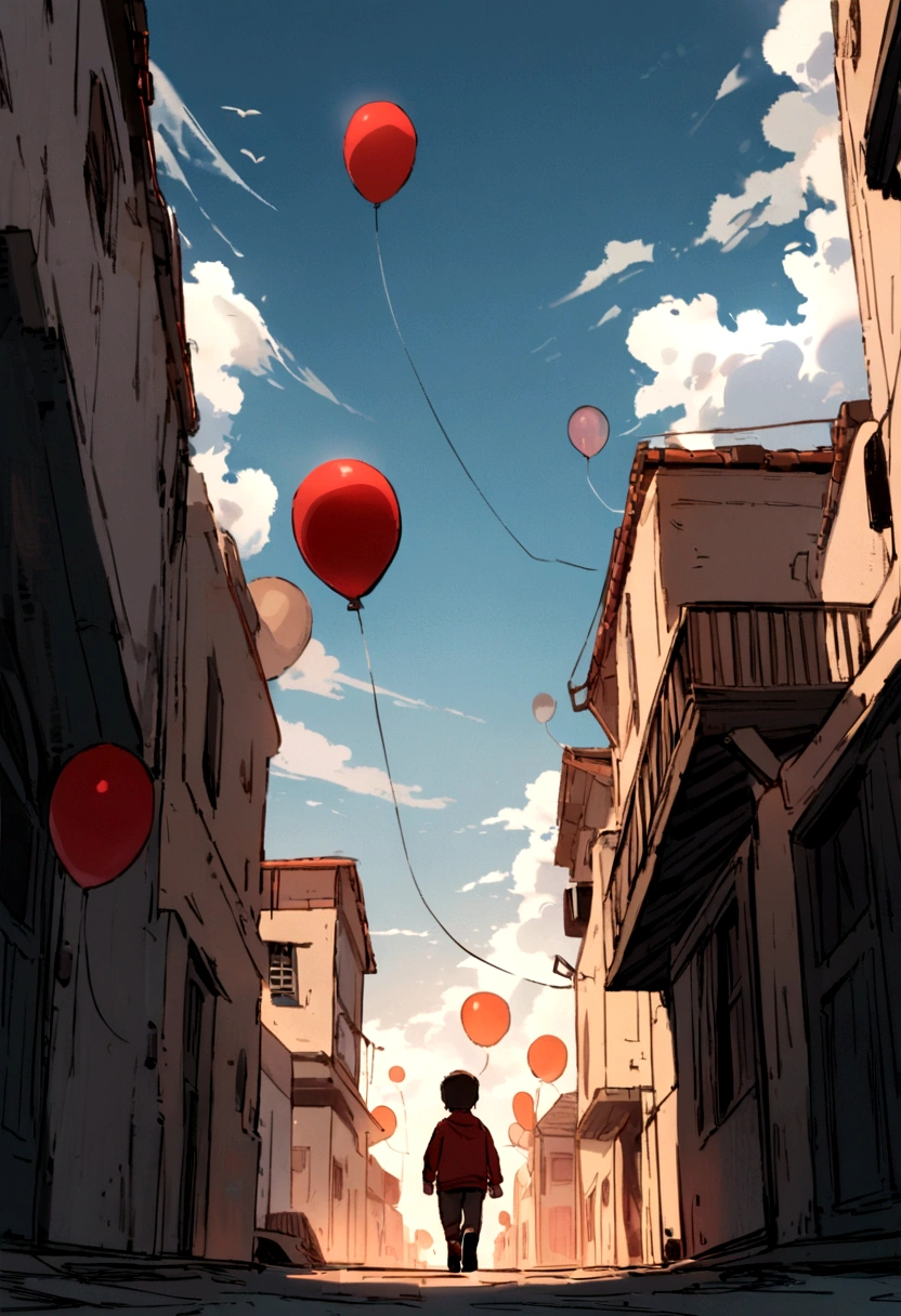 A 5-year-old boy walking down a dark, deserted street in search of a red balloon that is loose in the air and high up. Just a balloon, a single balloon