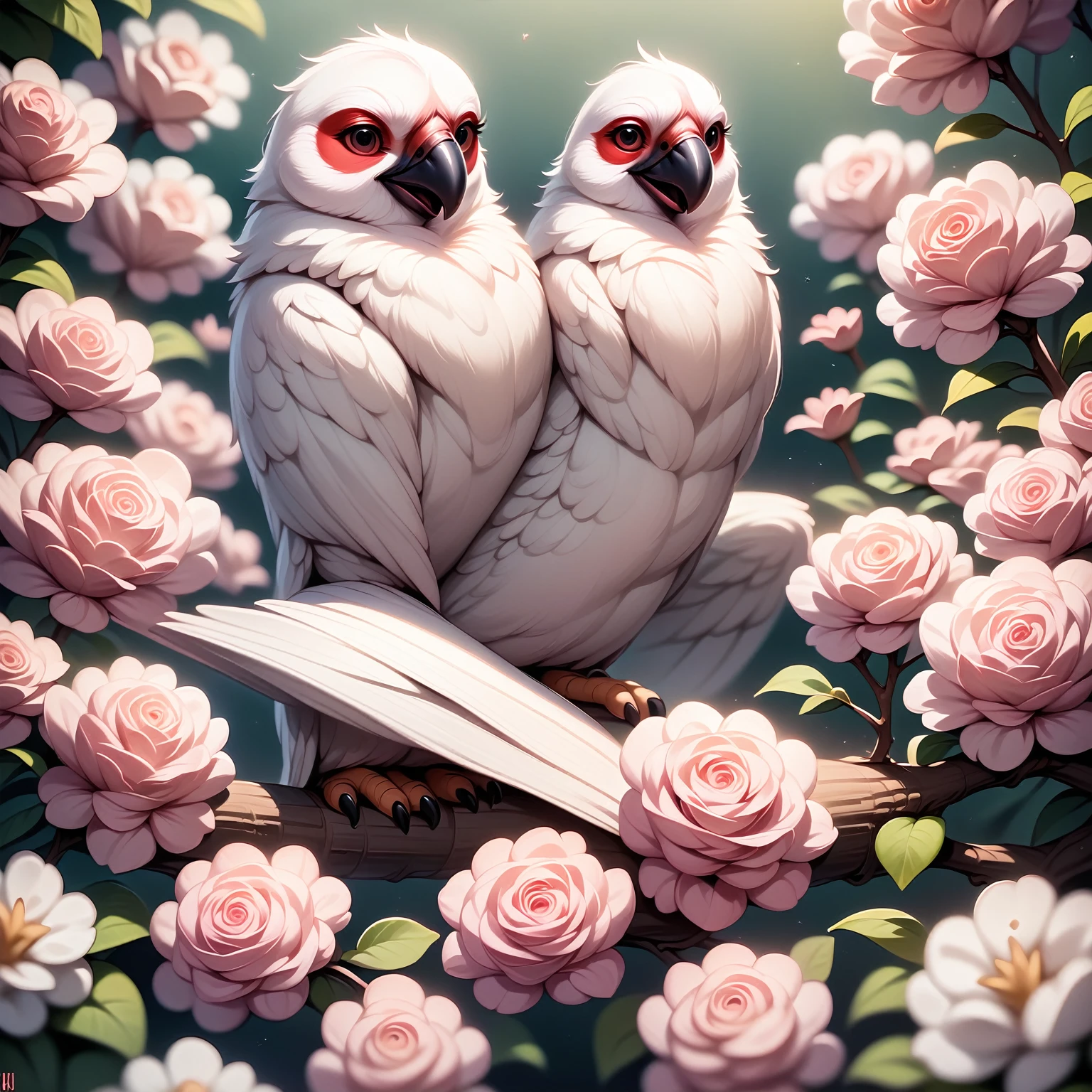 pink flowers, CGI Art, red-yellow color, surreal parrot, Pinterest, photorealistic art style, rich colors, AI-generated images, high detailed portrait, bird sitting on a branch singing to you, breathtaking rendering