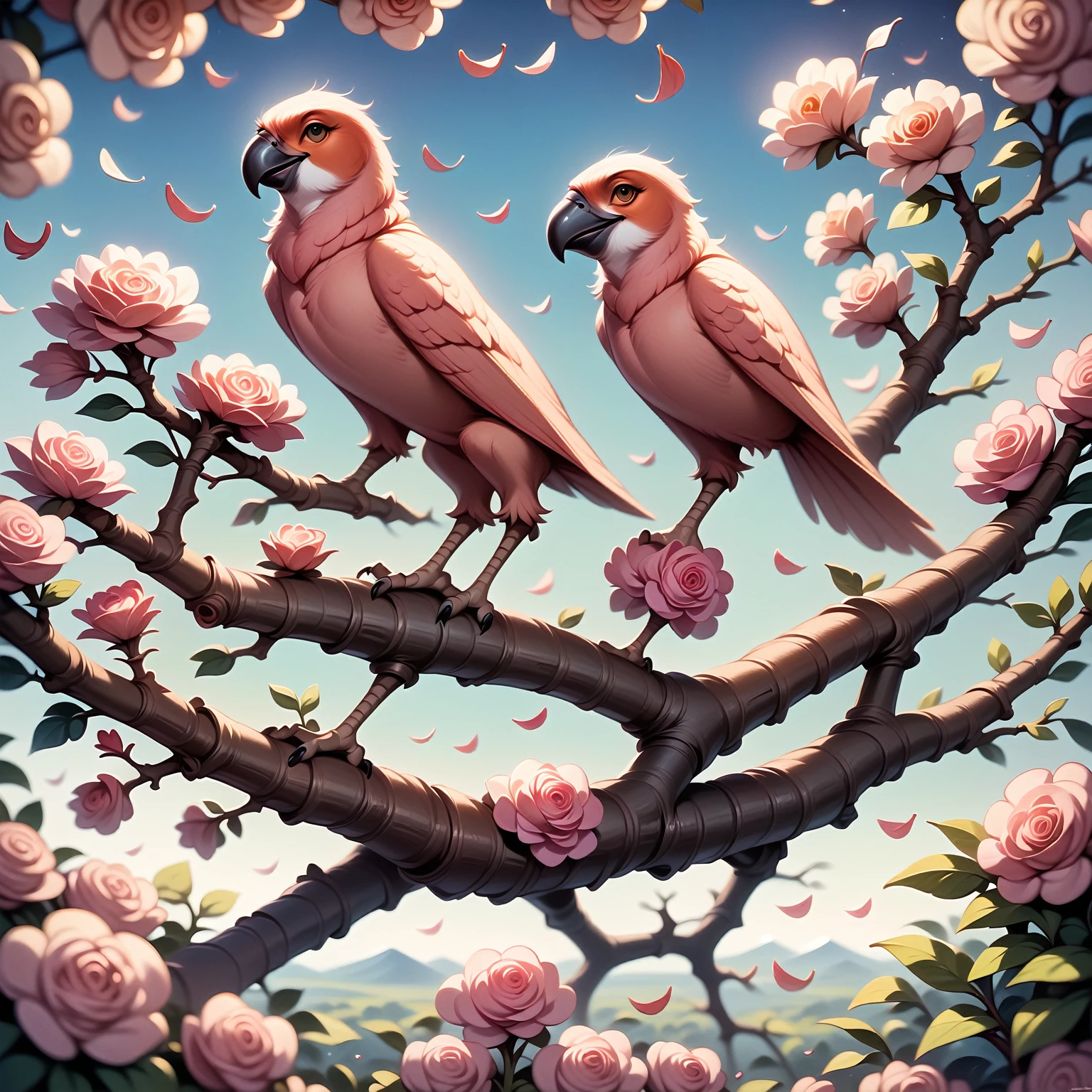 pink flowers, CGI Art, red-yellow color, surreal parrot, Pinterest, photorealistic art style, rich colors, AI-generated images, high detailed portrait, bird sitting on a branch singing to you, breathtaking rendering