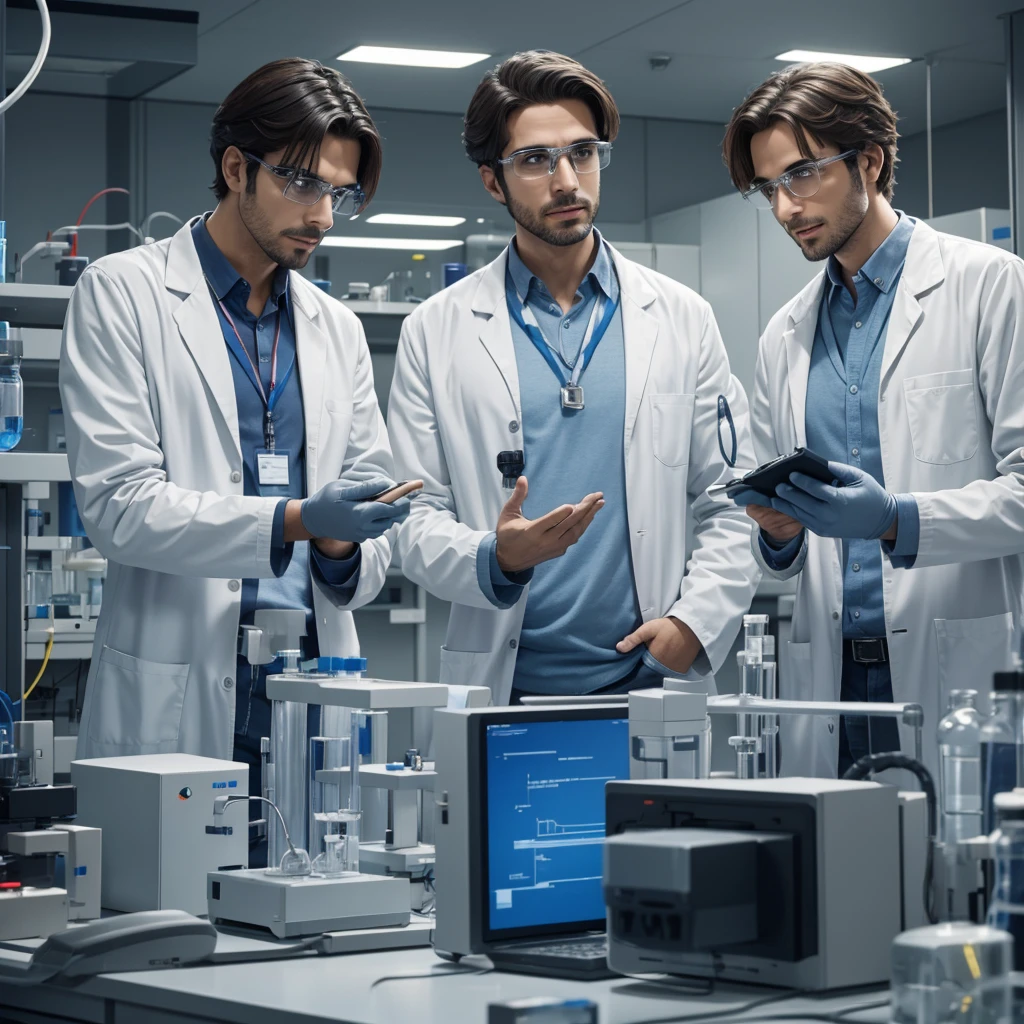 Two male scientists in lab talking to each other and anxious because they are going to start the coutdown for spaceship