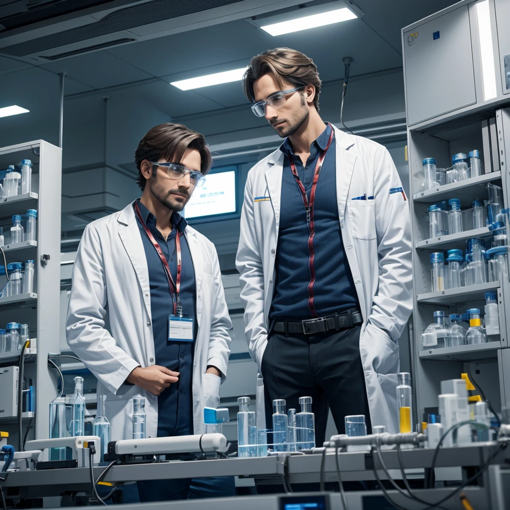 Two male scientists in lab talking to each other and anxious because they are going to start the coutdown for spaceship