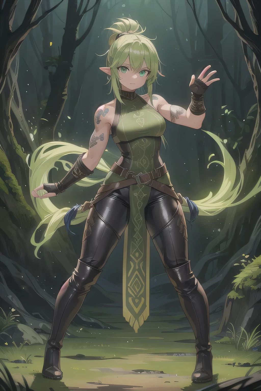 Woman, showcase pose, Full-body image, defined muscles, tribal dark tattoos of ancient symbols. (Dressed in a moss-colored leather tunic), tight leather pants and boots. Green focused eyes. clear photo, high quality and resolution.