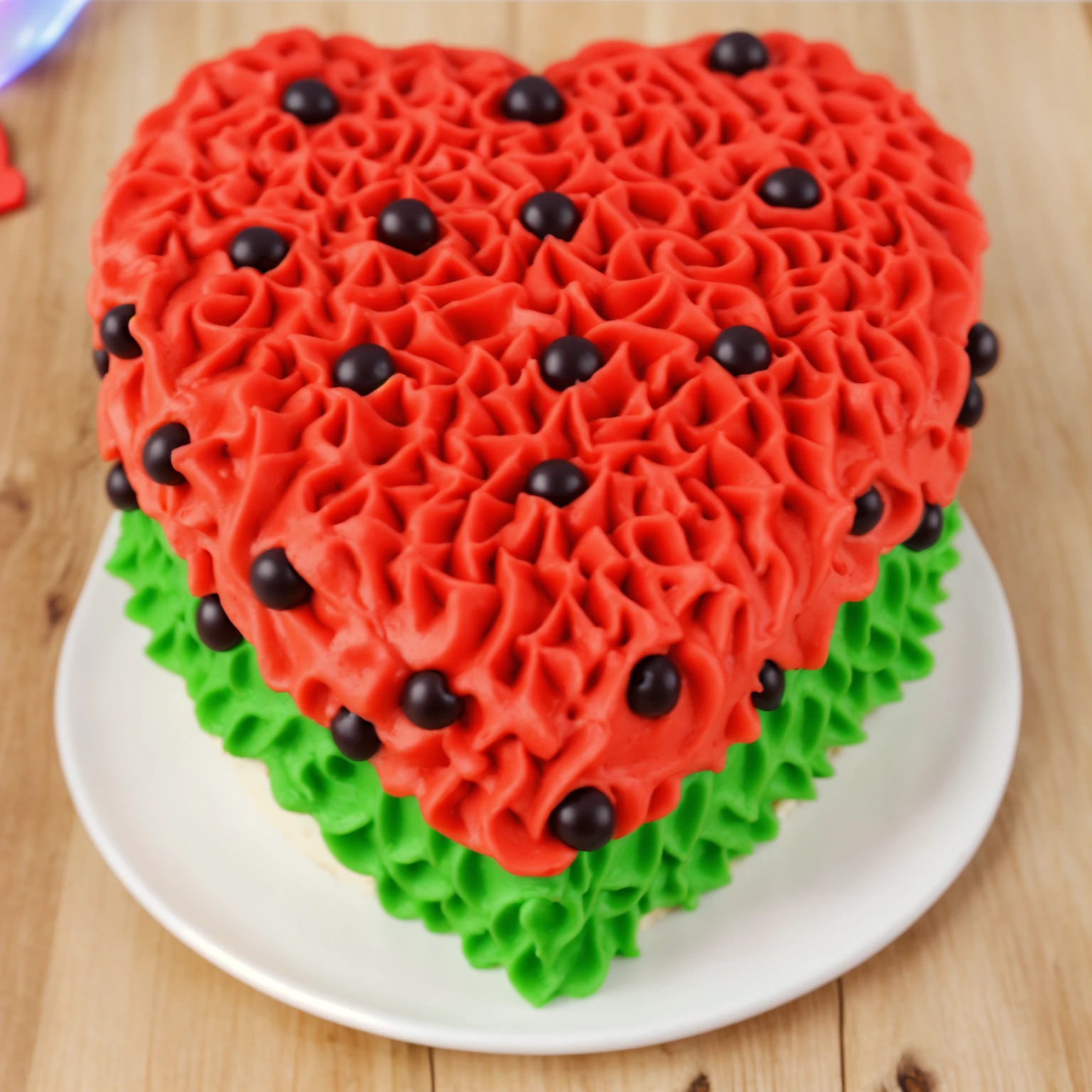 on a wooden table, there is a heart-shaped cake on a white plate,. red and green cream cake.  Multiple light sources, bright lighting, Realistic style , realistic texture, detailed texture, A high resolution, high quality, macro photo, ultra hd 4k quality.