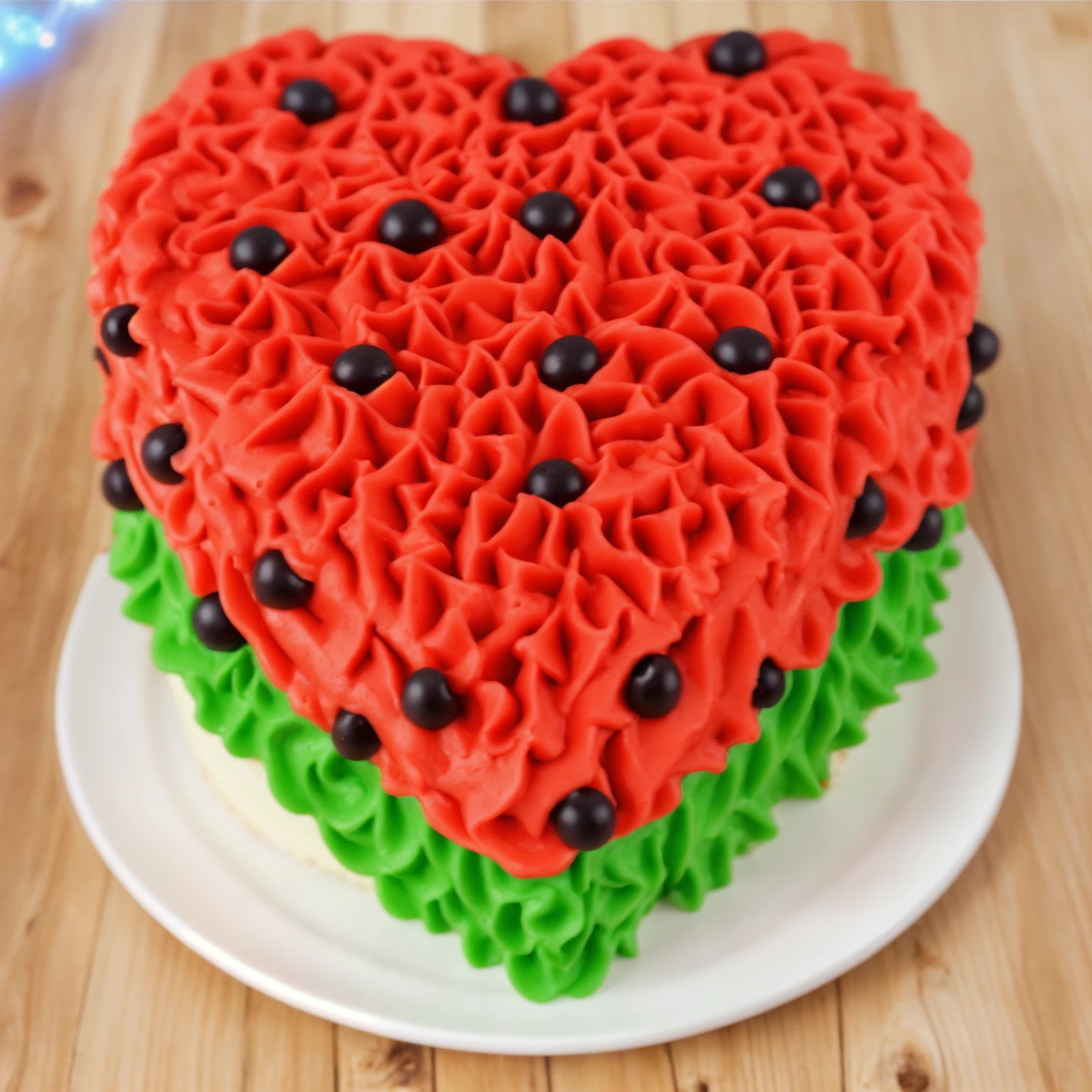 on a wooden table, there is a heart-shaped cake on a white plate,. red and green cream cake. Multiple light sources, bright lighting, Realistic style , realistic texture, detailed texture, A high resolution, high quality, macro photo, ultra hd 4k quality.