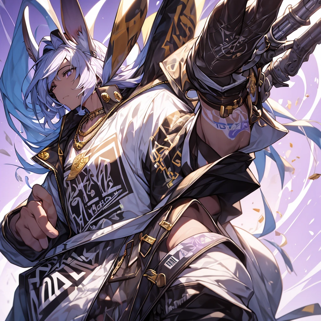 Masterpiece,White Rabbit wears hip-hop fashion clothes and smokes,Hip-hop gold necklace,,High-end,Cool,Lavender background wall hand-painted letters graffiti,