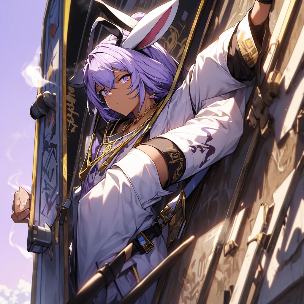 Masterpiece,White Rabbit wears hip-hop fashion clothes and smokes,Hip-hop gold necklace,,High-end,Cool,Lavender background wall hand-painted letters graffiti,
