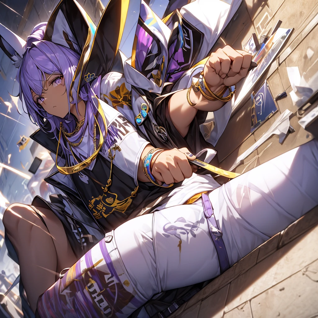 Masterpiece,White Rabbit wears hip-hop fashion clothes and smokes,Hip-hop gold necklace,,High-end,Cool,Lavender background wall hand-painted letters graffiti,