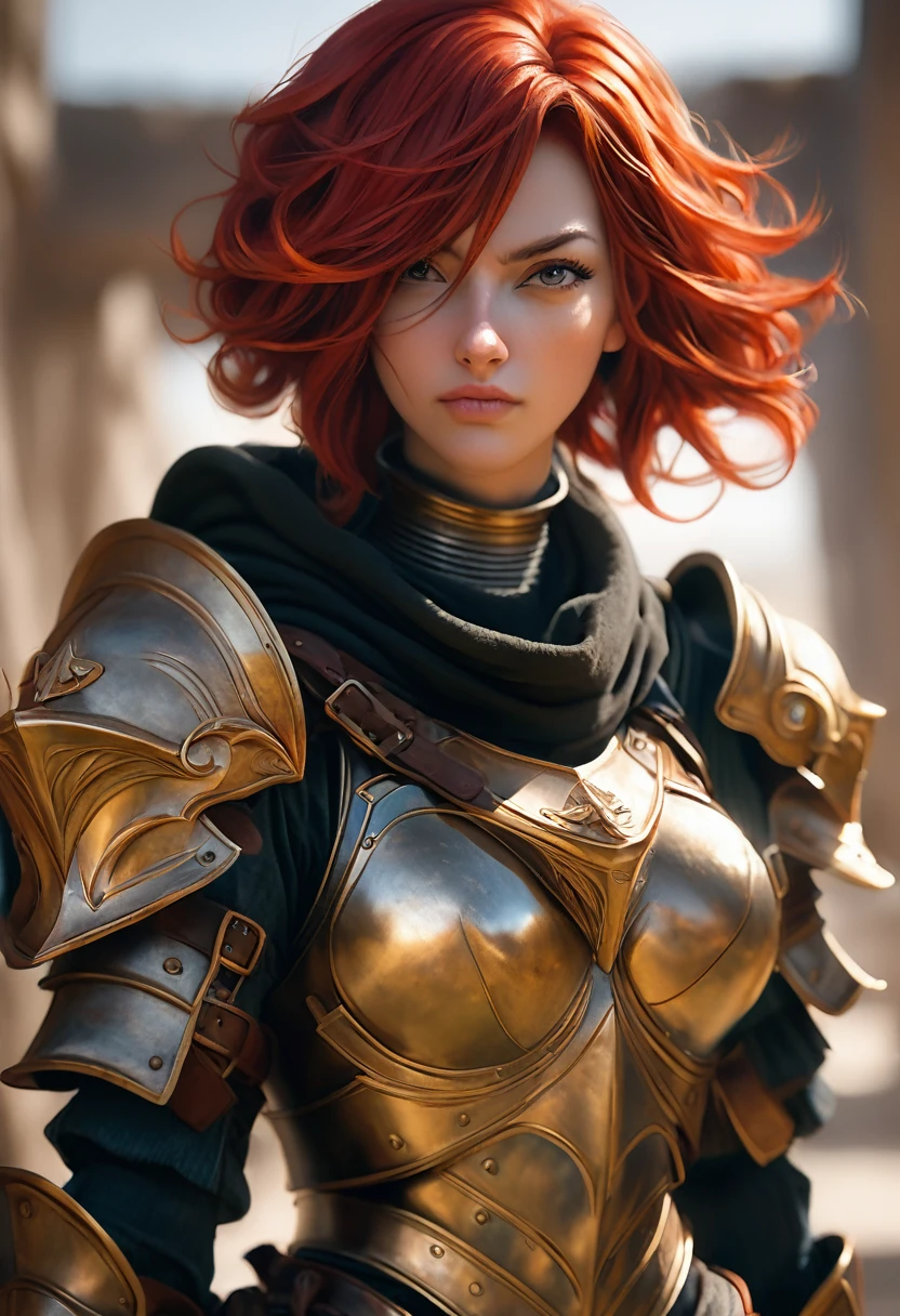1womanl, in the mouth, armors, Red hair, battle pose, Photorealisitic, Hyperrealisitic, hyperdetailed, analog style, tilted hip, demure, low cut, skin detailed, matte skin, soft lighting, underground dispersal, realisitic, heavy shadow, work of art, best qualityer, ultra realisitic, 8K, golden ratio, intricate, high détail, Film photography, softfocus, nblurry background