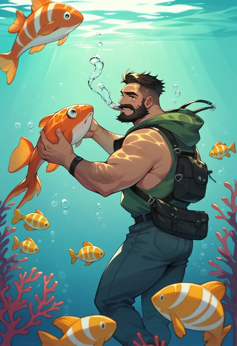 a close up of a middle age man with a big beard and moustache, underwater, holding a big bass fish
