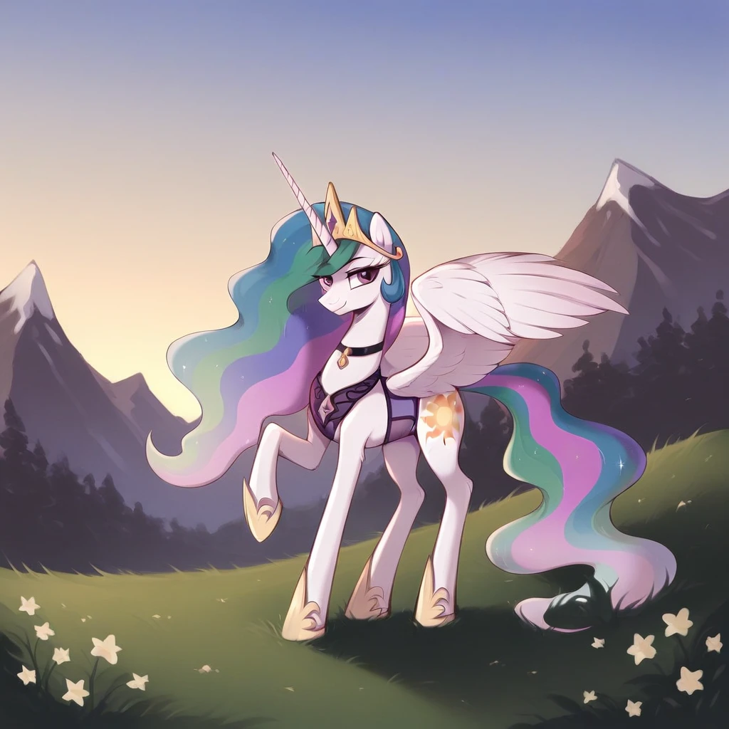 score_9, score_8_up, score_7_up, score_6_up, score_5_up, score_4_up, rating_explicit, outdoors, purple (lingerie and neck choker), solo, feral pony, princess  celestia, evil smile, closed mouth,BREAK mountain, day, sky, flower, kingdom, blue sky, grass 