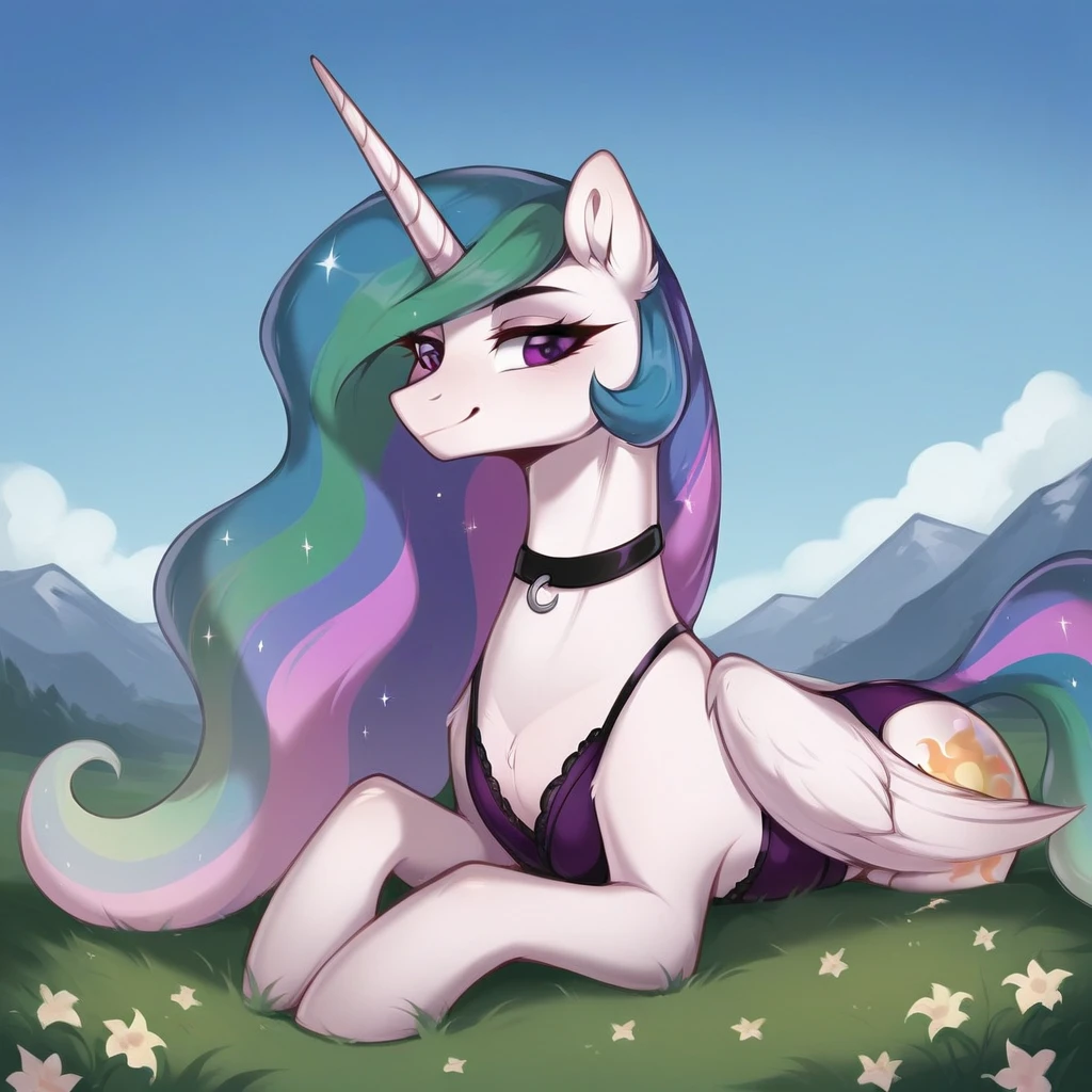 score_9, score_8_up, score_7_up, score_6_up, score_5_up, score_4_up, rating_explicit, outdoors, purple (lingerie and neck choker), solo, feral pony, princess  celestia, evil smile, closed mouth,BREAK mountain, day, sky, flower, kingdom, blue sky, grass 