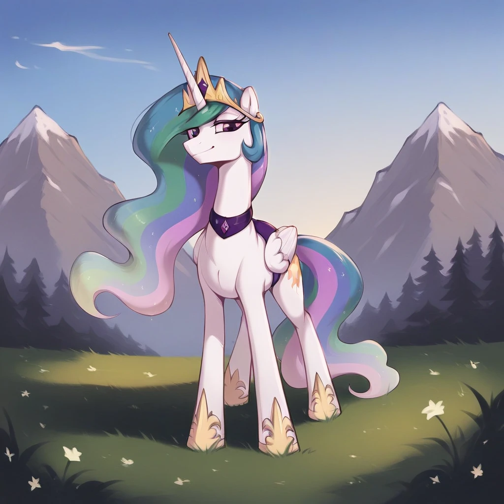 score_9, score_8_up, score_7_up, score_6_up, score_5_up, score_4_up, rating_explicit, outdoors, purple (lingerie and neck choker), solo, feral pony, princess  celestia, evil smile, closed mouth,BREAK mountain, day, sky, flower, kingdom, blue sky, grass 